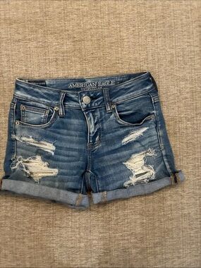 American Eagle Outfitters Blue Distressed Rolled-Hem Jean Shorts